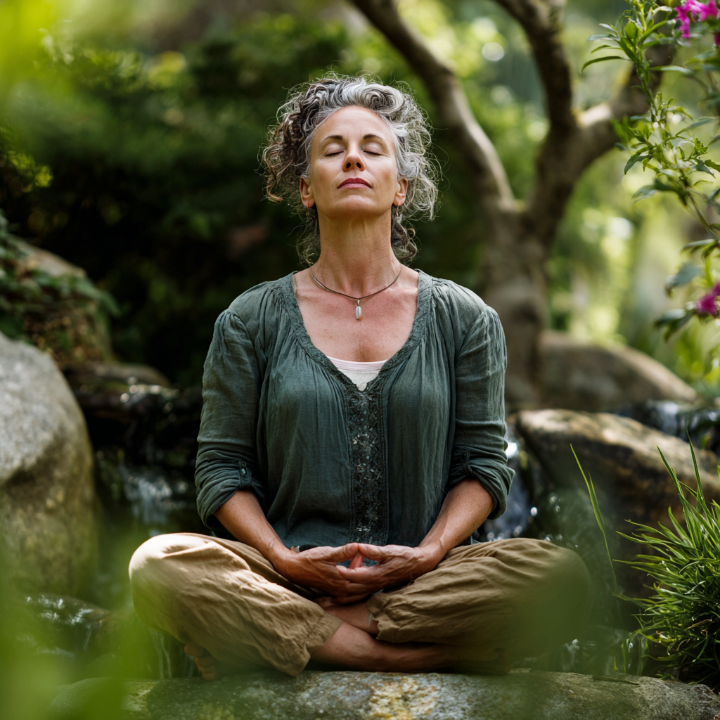 Mature woman practicing yoga in natural garden setting