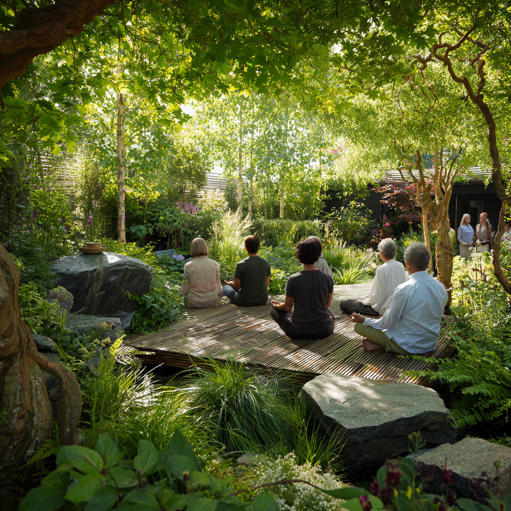 Serene meditation space with mature adults practicing mindfulness in natural garden